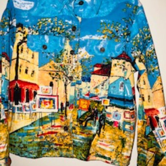 TAKE TWO CLOTHING CO WOMAN'S SZ MED 100% COTTON HANDPAINTED JEAN STYLE JACKET - Picture 2 of 5